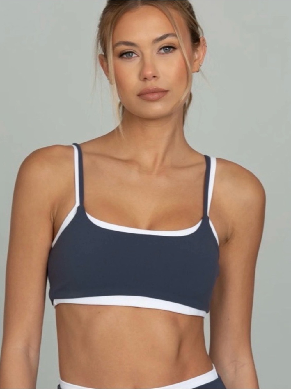 Contrast-Trim Navy Blue Bralette with White Accents